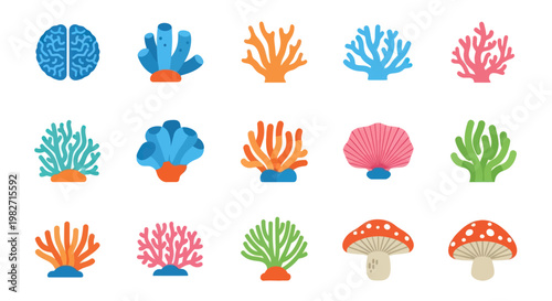 Diverse Coral Reef Icons and Brain, Mushroom Illustrations