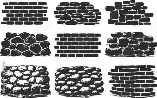 Black Brick and Stone Wall Texture Set, Hand Drawn Masonry Pattern Collection for Design Backgrounds.