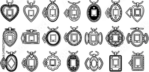 Mobile Technology Black  White Line Art Icon Set: Lockets and Pendants with Smartphone and Tablet Symbols for Digital Communication and Memories