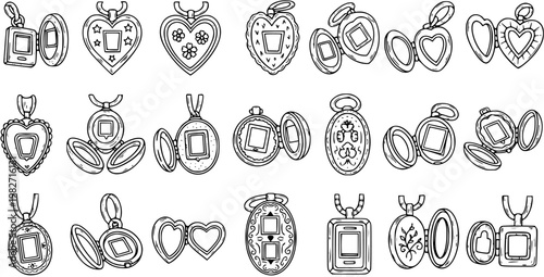 Jewelry Industry Locket Pendants Collection. Hand-Drawn Black and White Line Art Set of Open and Closed Picture Lockets, Heart and Oval Shapes, Doodle Style.