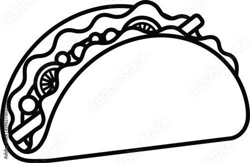 A simple line drawing of a taco with various fillings