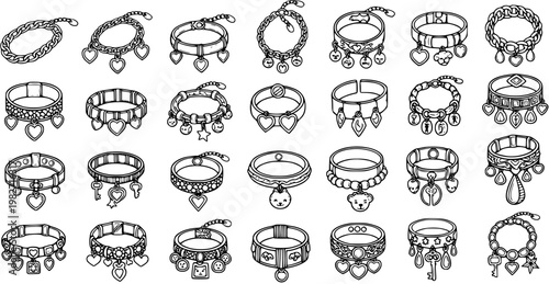 Black and White Line Art Collection of Cute Bracelets and Necklaces with Charms