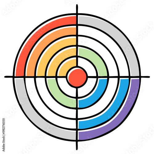 Target Chart with Colorful Segmented Rings and Red Center, Illustration