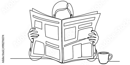 A continuous line drawing of a person sitting at a table and reading a daily paper with coffee