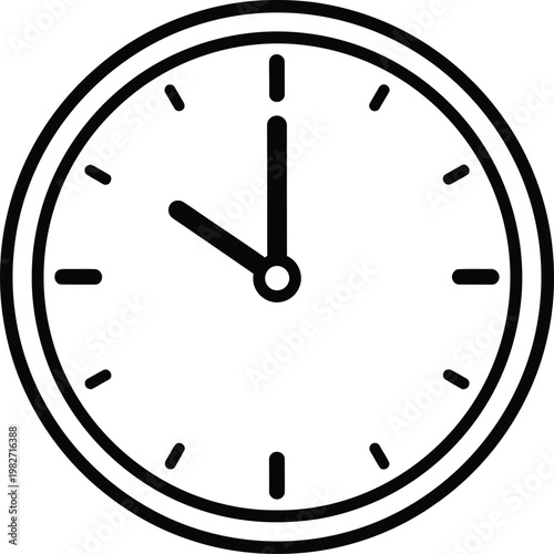 A simple black and white illustration of an analog clock with hour and minute hands