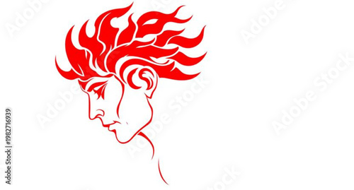 Vector illustration of a red dragon head tattoo on a woman profile with black hair and floral red ribbon design