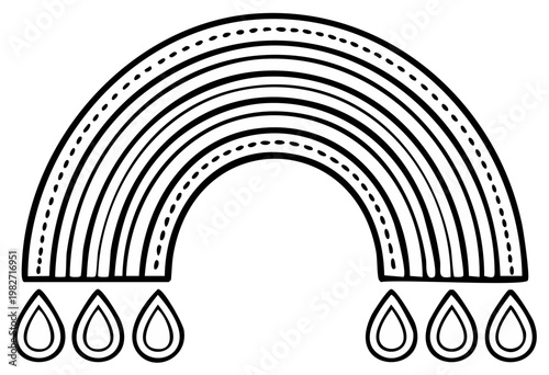 Simple Line Art Rainbow with Rain Drops Outline Illustration