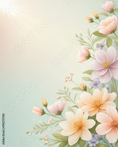 Pastel floral bouquet sunlit petals background calm gentle beauty and delicate charm a serene composition with soft light and lush blossoms