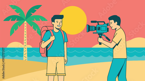 Two People Filming Man With Camera.