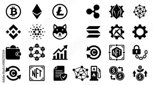 Vector Icon Set of Cryptocurrency Symbols and Blockchain Technology Elements