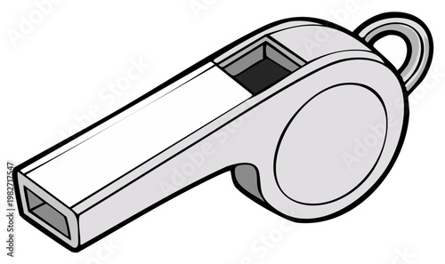 Illustration of a gray plastic whistle with black outline used in sports and signaling for safety with a loop for a lanyard