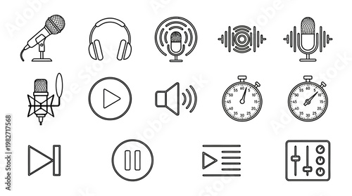 Set Of Audio Recording And Equipment Icons In Minimalist Line Style