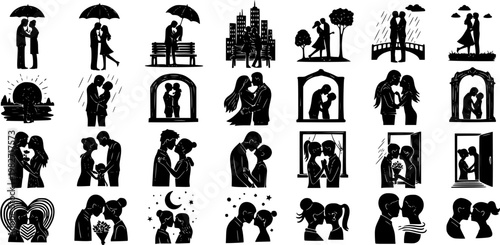 Romantic Couple Silhouettes in Black and White for Love and Valentine's Day Stock Art