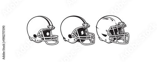 American football helmet vector set, black and white sports equipment icons, collection of 3 professional football helmets for team branding