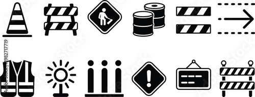 A collection of black and white vector icons depicting construction road work safety equipment and directional signage high quality professional detailed