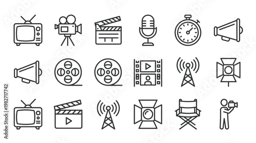 Set of Audio and Video Equipment Icons in Flat Style for Media Production