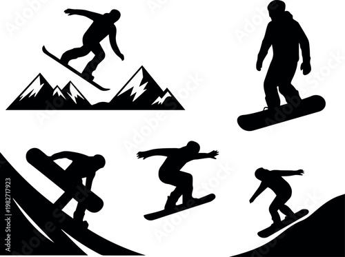 Snowboarder silhouettes in terrain park and halfpipe