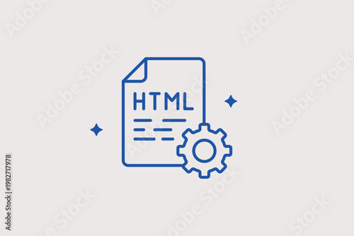 HTML file icon with a gear focuses on web development and frontend structure. Technical Vector Illustration is ideal for website coding and programming education themes.