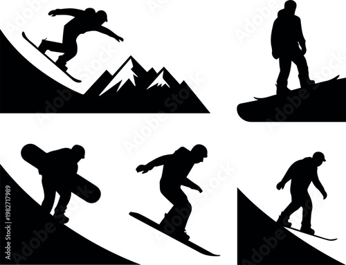 Snowboard racer silhouettes on downhill course