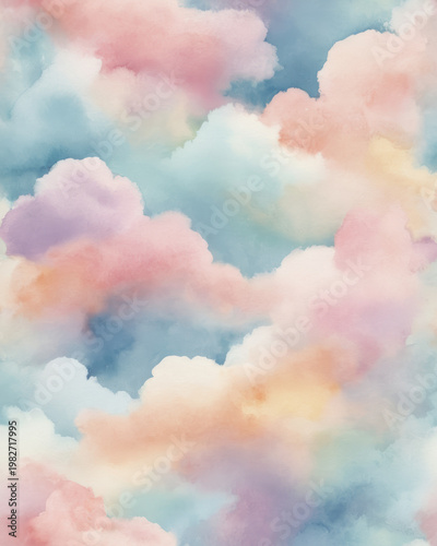 Pastel; clouds; watercolor; ethereal; soft; dreamy; colorful; sky; cloud; hue; gradient; mist; atmosphere; serenity; harmony; glow; drift; blend; shimmer; float; light; color;