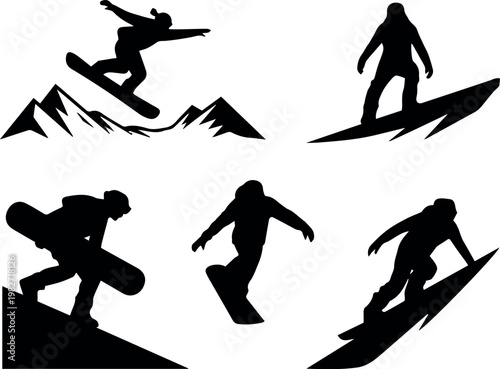 Snowboarder silhouettes performing jumps and tricks