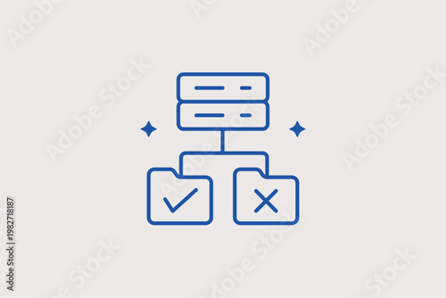  Server hierarchy with check and cross marks indicates system status and server health checks. Accurate Vector Illustration is ideal for network administration and troubleshooting dashboards.