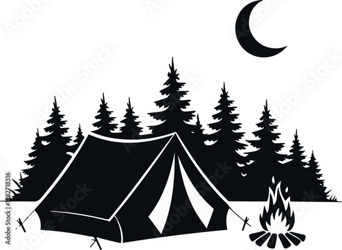Camping emblem with tent moon and pine trees