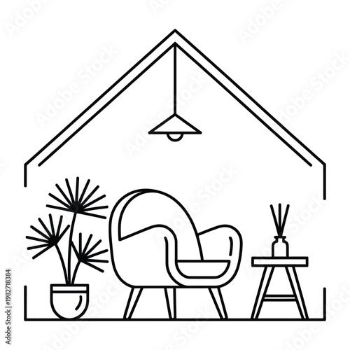 A whimsical illustration of a cozy indoor scene with a rocking chair and potted plant.