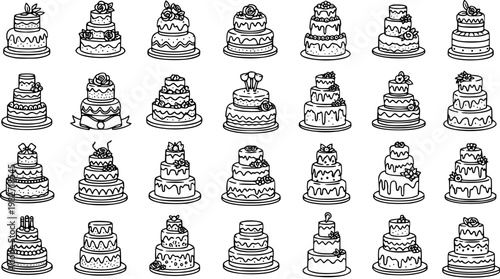 Black and White Line Art Pattern of Multi-tiered Celebration Cakes for Events and Baking Industry