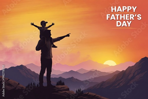 Happy father's day greeting with silhouette of dad and child against a mountain sunset