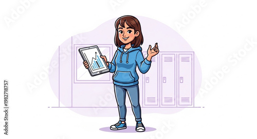 Young student holding a tablet and gesturing in a school hallway.