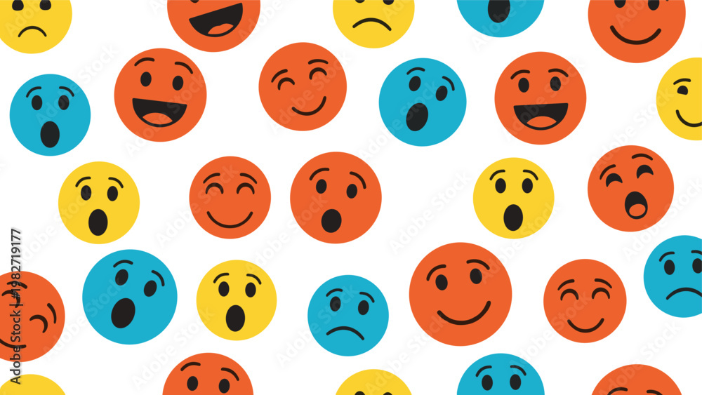 Obraz premium Colorful repeating pattern features a variety of circular emoji faces with different expressions like happy, surprised, and sad.
