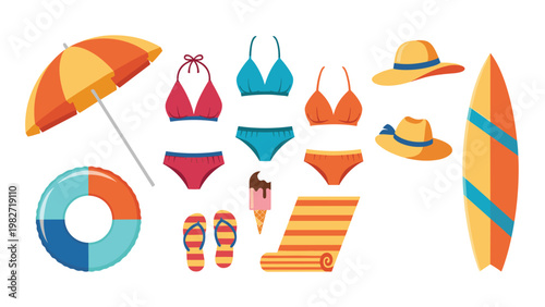Beach and summer vacation icons include a striped umbrella, bikinis, swim trunks, sun hats, surfboards, and other resort items.