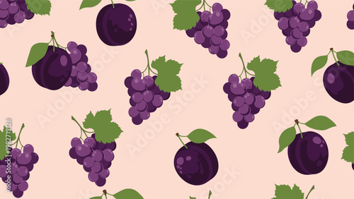 Luscious fruit pattern features clusters of purple grapes with green leaves and dark plums arranged on a soft pink background.