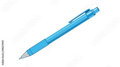 Standard blue ballpoint pen with a silver tip and a pocket clip is shown at a diagonal angle against a plain white background.