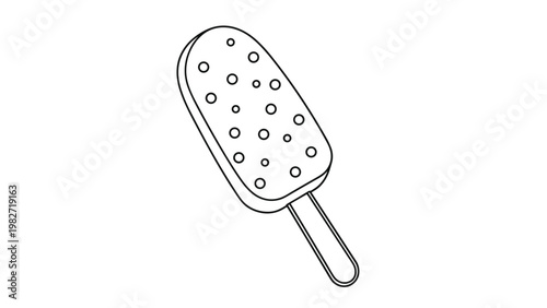 Outline drawing of an ice cream bar on a stick features a spotted chocolate coating texture in a simple black and white style.