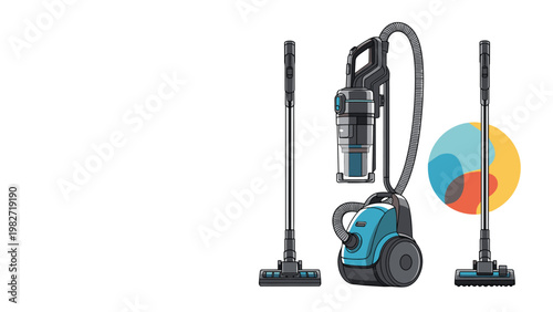 Selection of modern household appliances shows three different vacuum cleaner models including upright and canister styles.