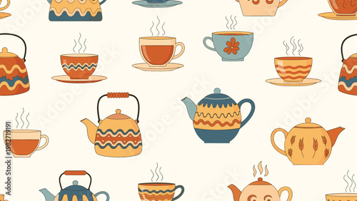 Quaint pattern features a variety of decorated teapots and matching teacups with steam rising from them on a cream background.