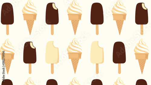 Treat yourself with this pattern of vanilla soft serve ice cream cones and chocolate coated popsicles on a cream background.