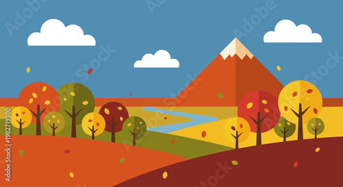 Autumn Landscape with Colorful Trees, River, and Mountain