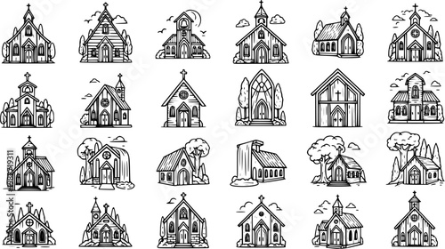 Black and White Line Art Icons of Various Churches, Religious Buildings Vector Set