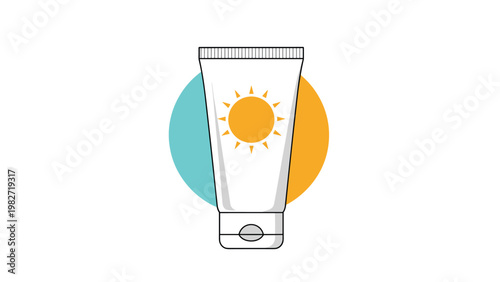 Sunscreen lotion tube with a bright yellow sun icon placed on a split blue and orange circle background for summer skin care.