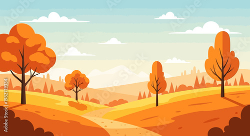 Autumn Landscape with Orange Trees and Winding Path