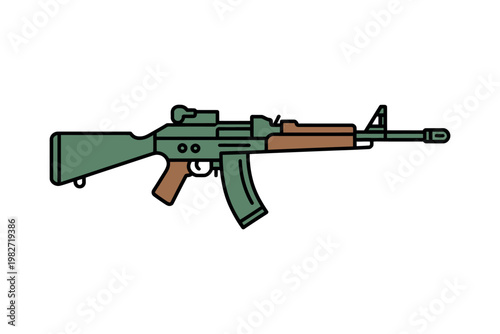 A cartoon illustration of a green and brown rifle on a white background