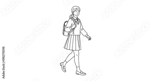 Young student walking with backpack, focused on her destination, going to school.