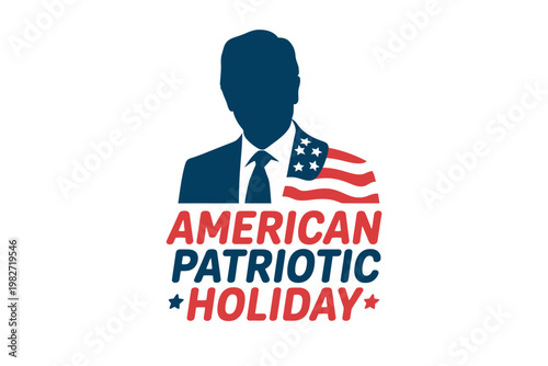 A patriotic American holiday graphic design featuring a man's silhouette with an American flag