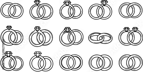 Black and White Line Art of Interlocking Wedding Rings, Vector Icon Set