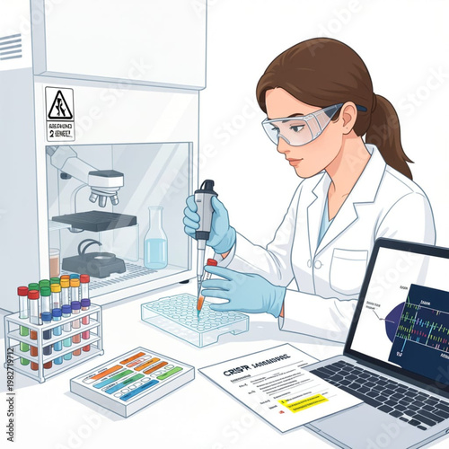 Genetic Engineering Lab – Female Researcher Using Pipette and DNA Data Screen