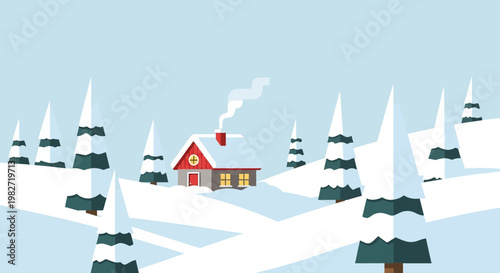 Cozy winter cabin nestled in snowy forest, smoke rising from chimney, warm lights glowing