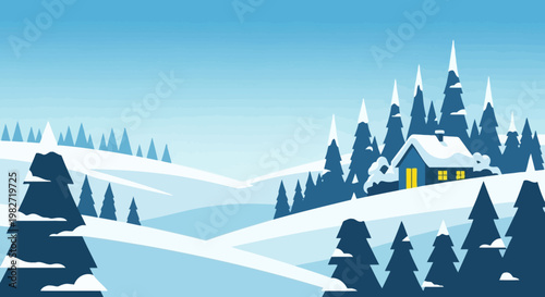 Cozy winter cabin nestled in snowy forest, warm light glowing from windows